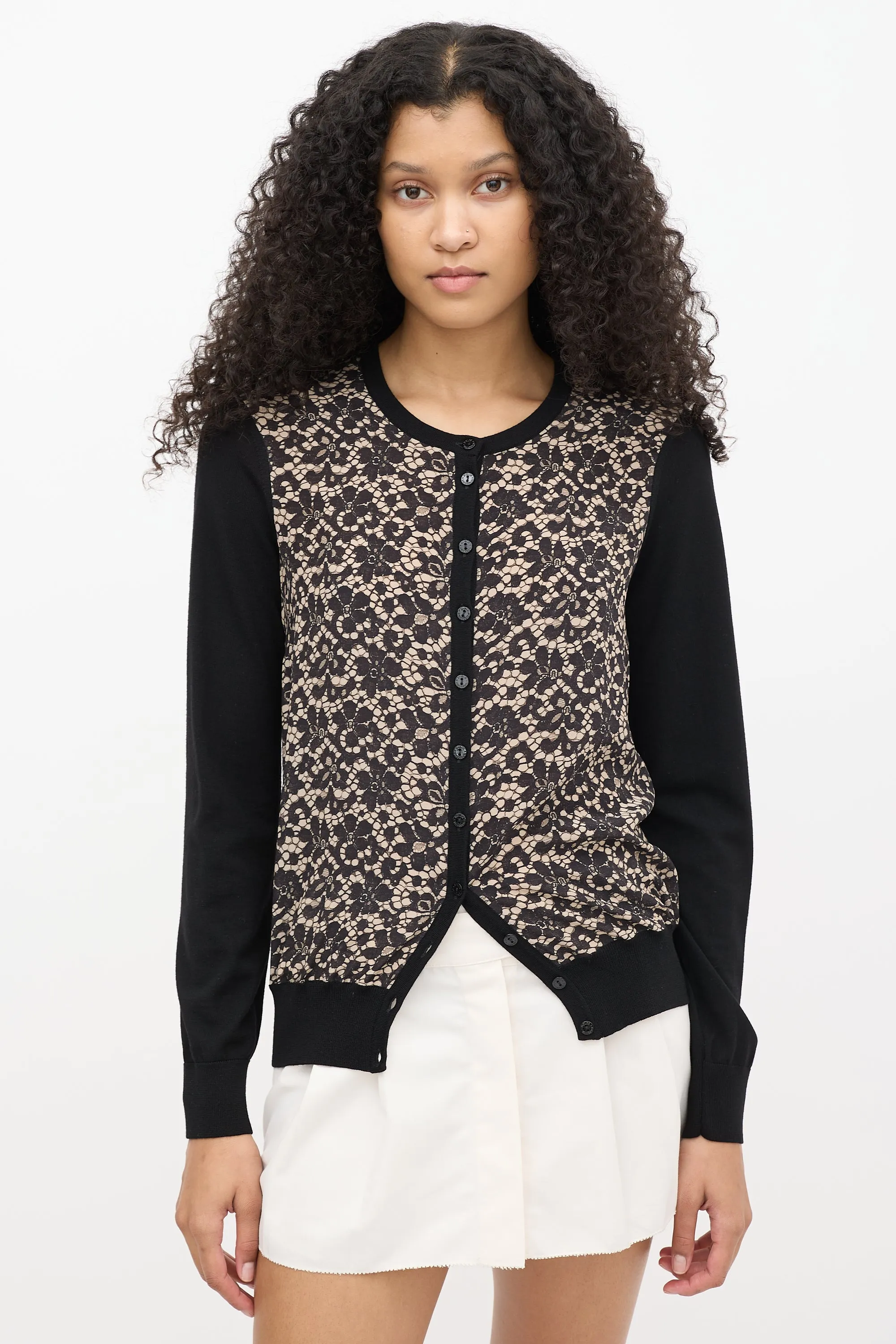 Black Wool & Beige Silk Lace Print Cardigan