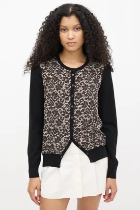 Black Wool & Beige Silk Lace Print Cardigan