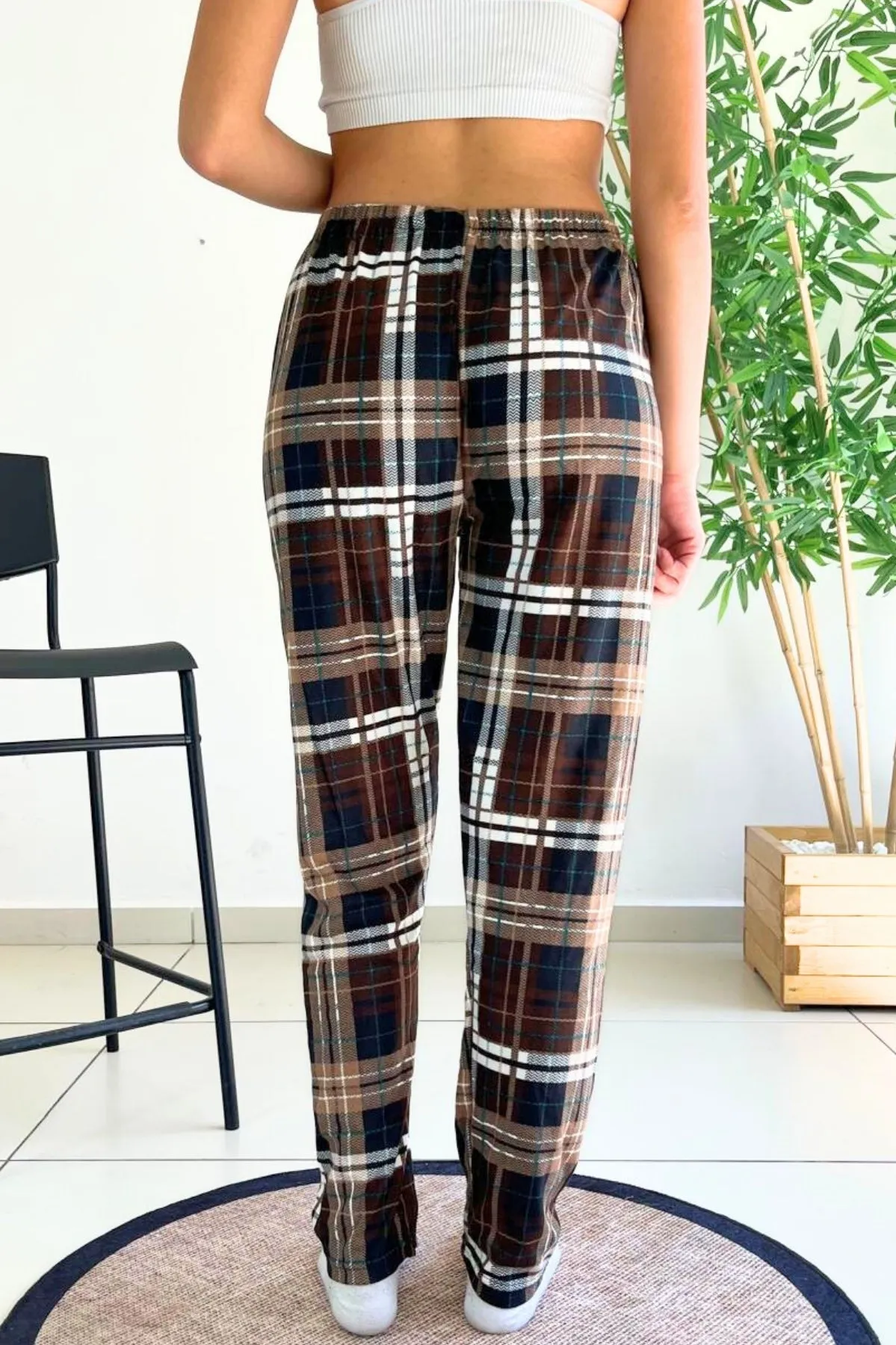dreamy soft kadife dokulu ekose kareli süet pijama alti pantolon