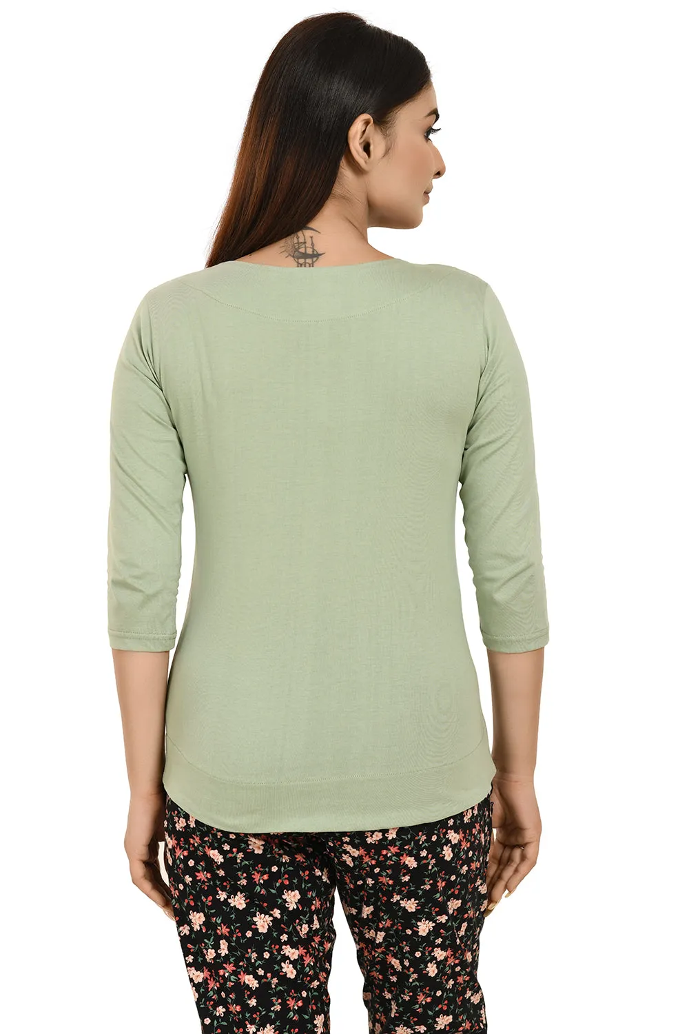 Dusty Green Boat Neck Printed Tees
