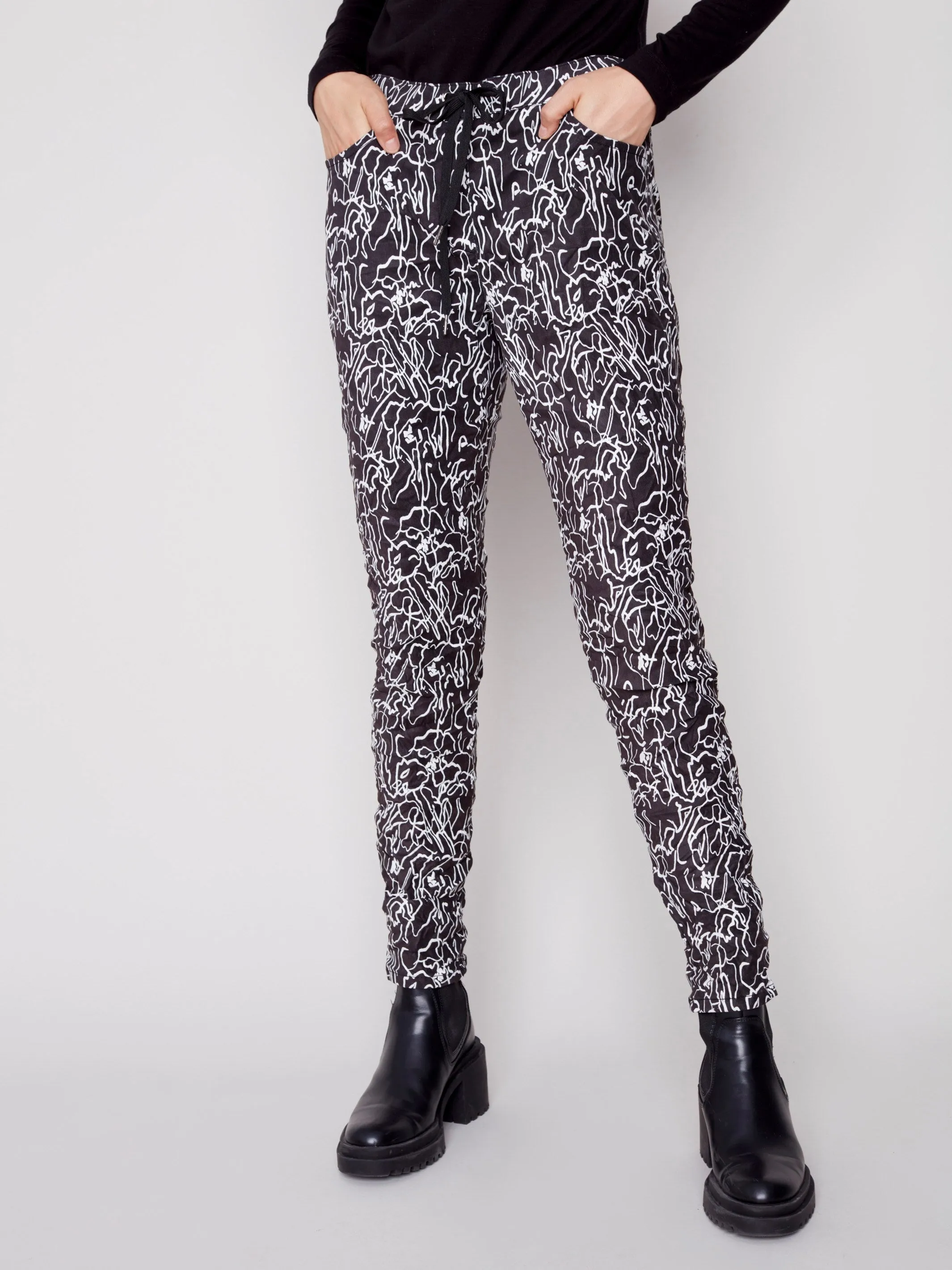 Printed Suede Crinkle Jogger Pants - Black