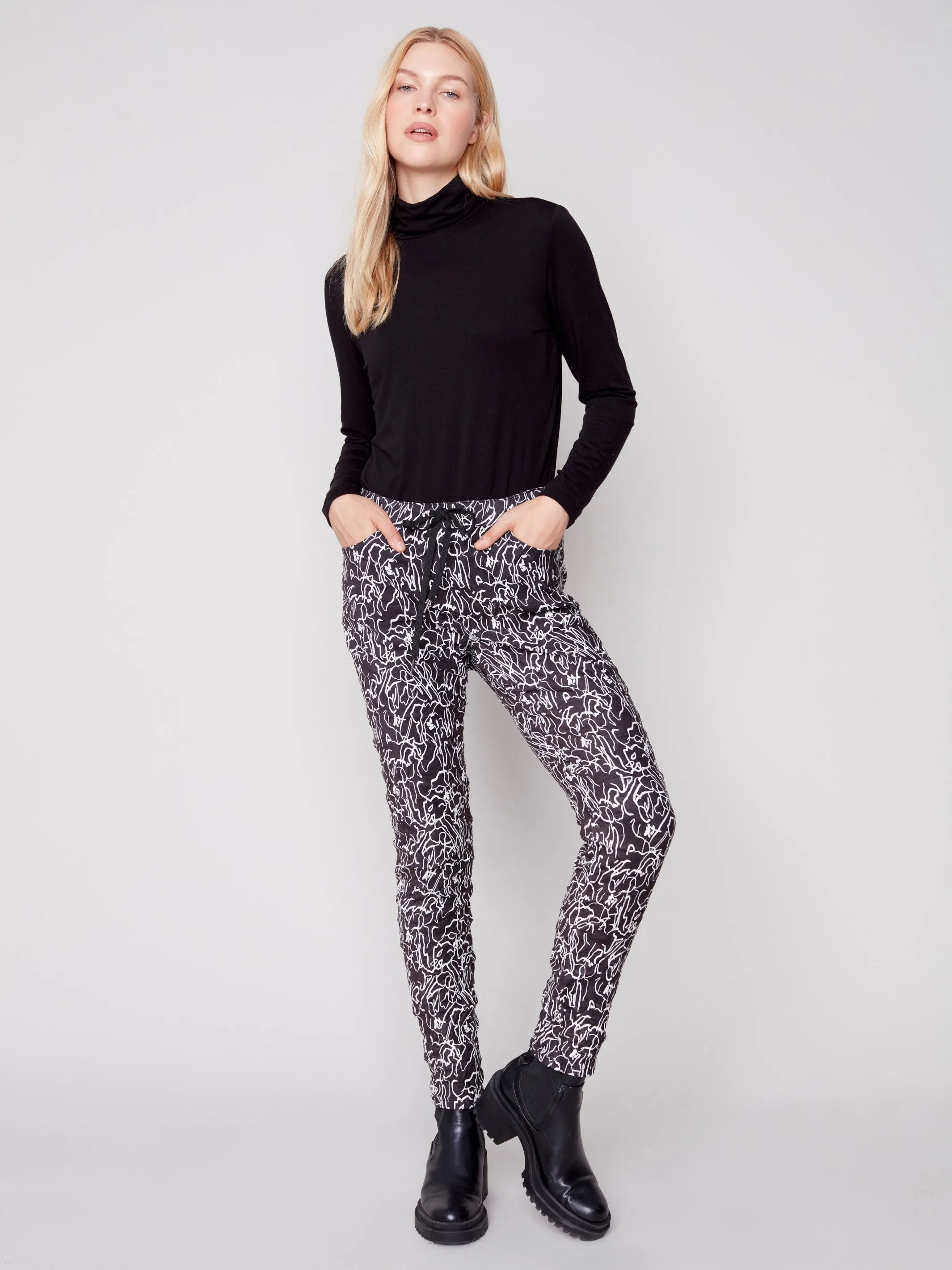Printed Suede Crinkle Jogger Pants - Black
