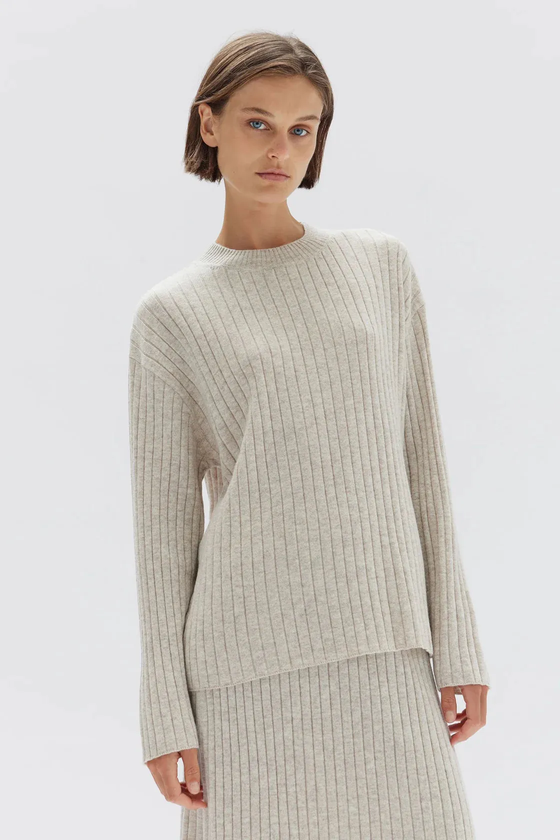 WOOL CASHMERE RIB LONG SLEEVE TOP  | CREAM