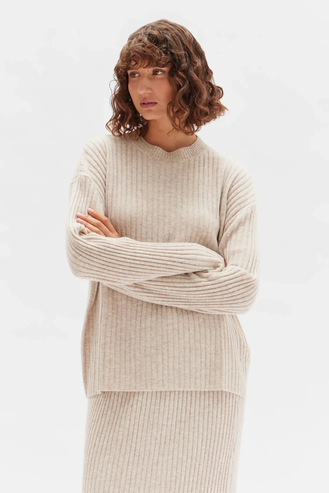 WOOL CASHMERE RIB LONG SLEEVE TOP | OAT MARLE