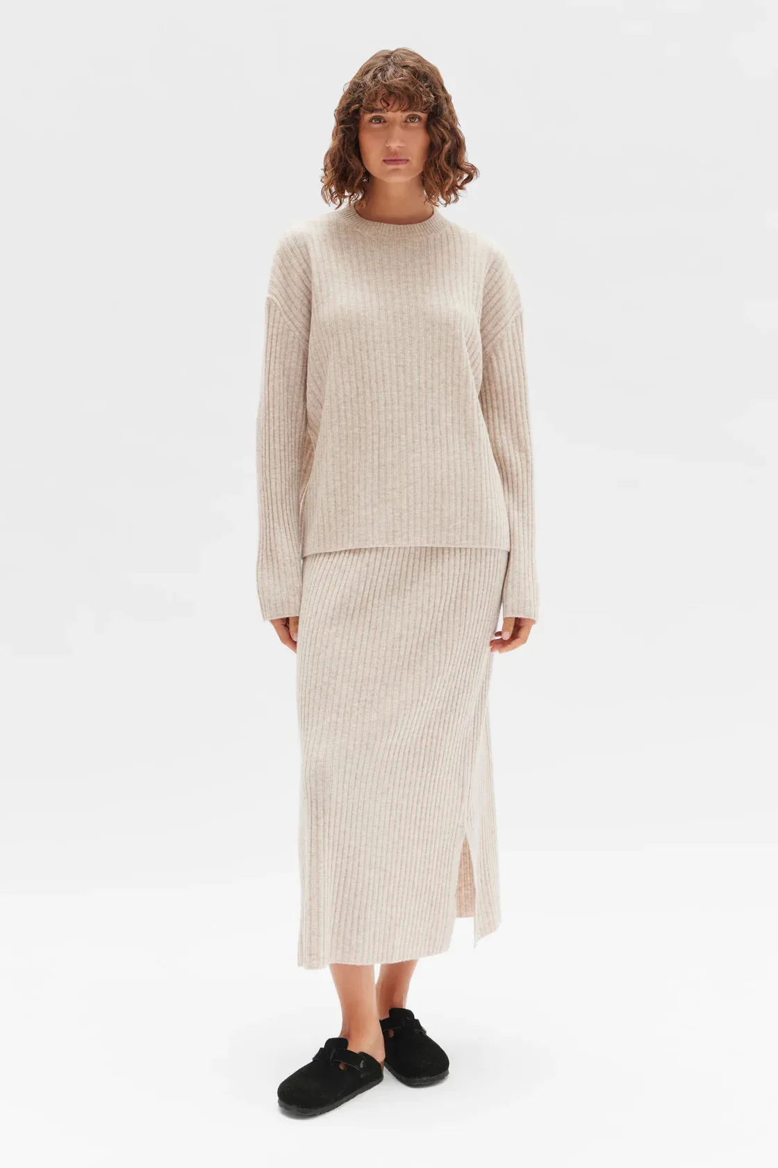 WOOL CASHMERE RIB LONG SLEEVE TOP | OAT MARLE